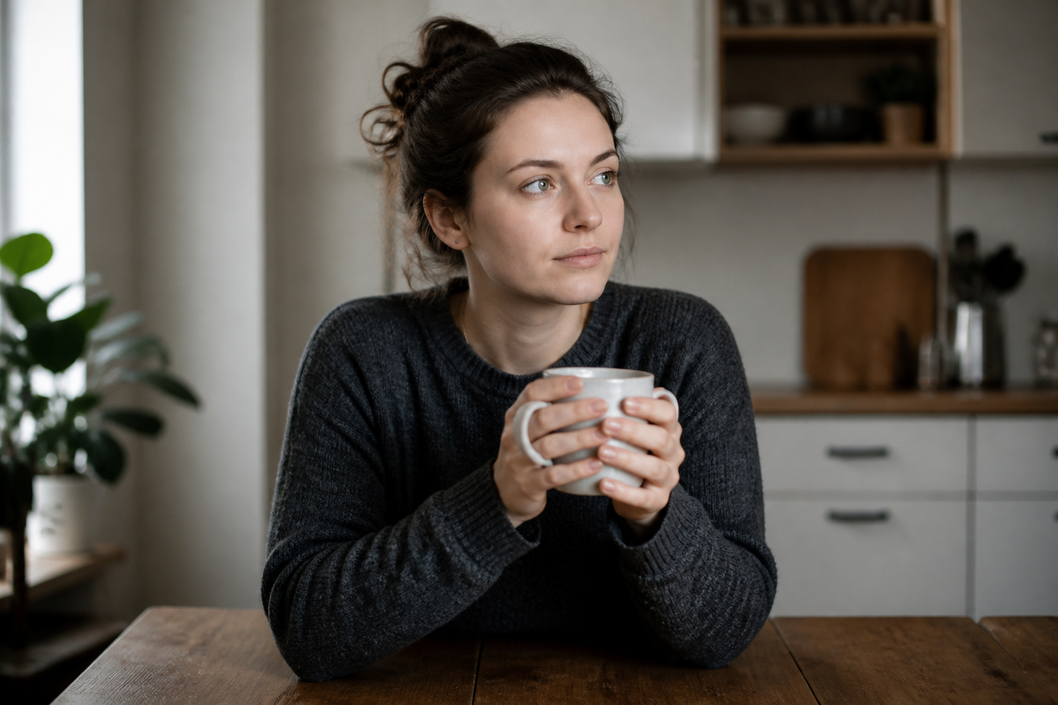 Pensive, calm woman — not sad, not crying